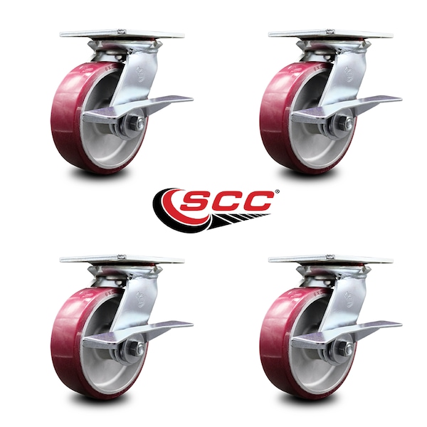 6 Inch Heavy Duty Poly on Aluminum Caster Set with Ball Bearings and Brakes SCC